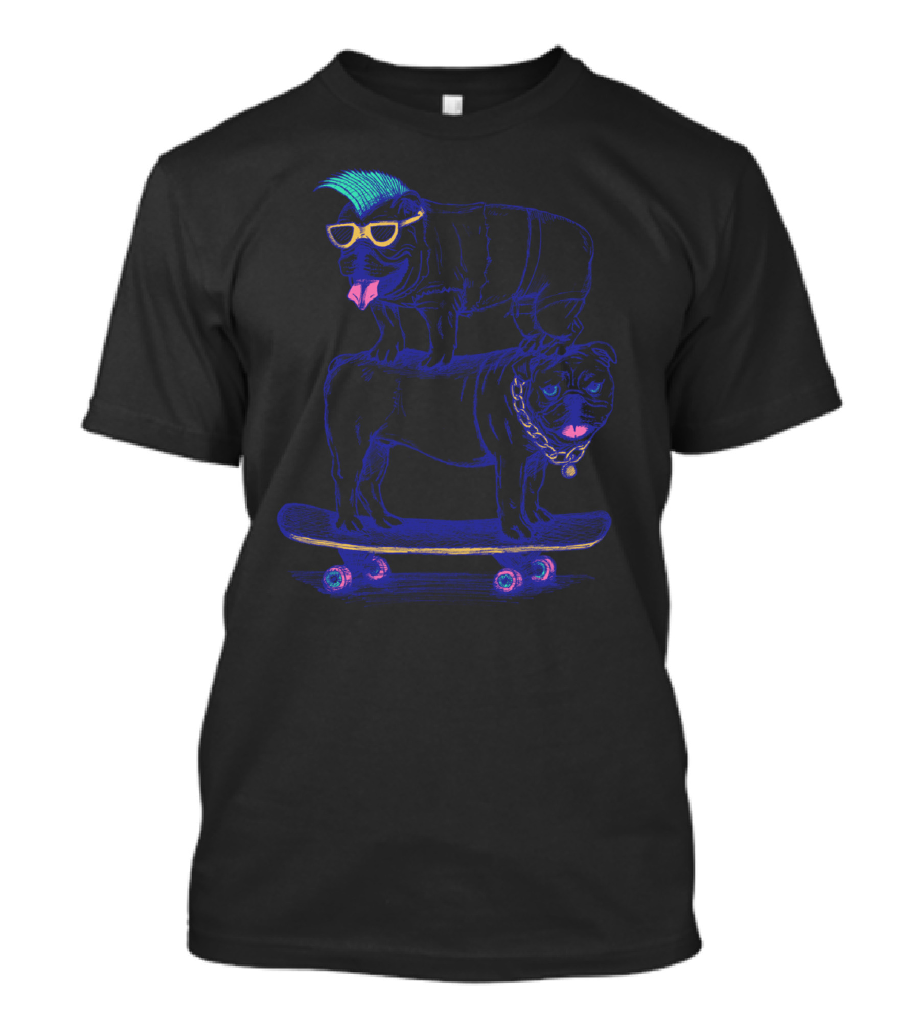 Neon Punk Dogs Skateboarding Stacked Challenge T-Shirt