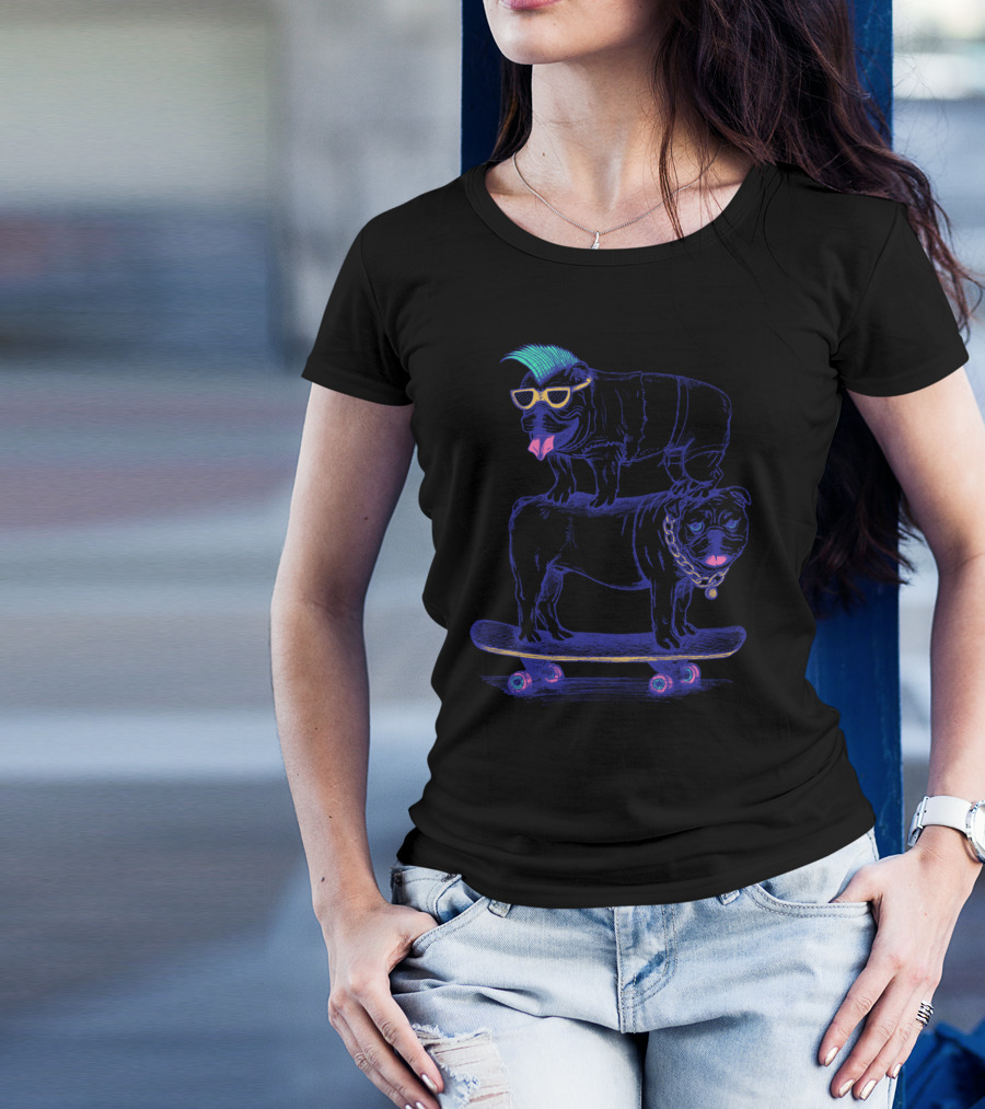 Neon Punk Dogs Skateboarding Stacked Challenge T-Shirt