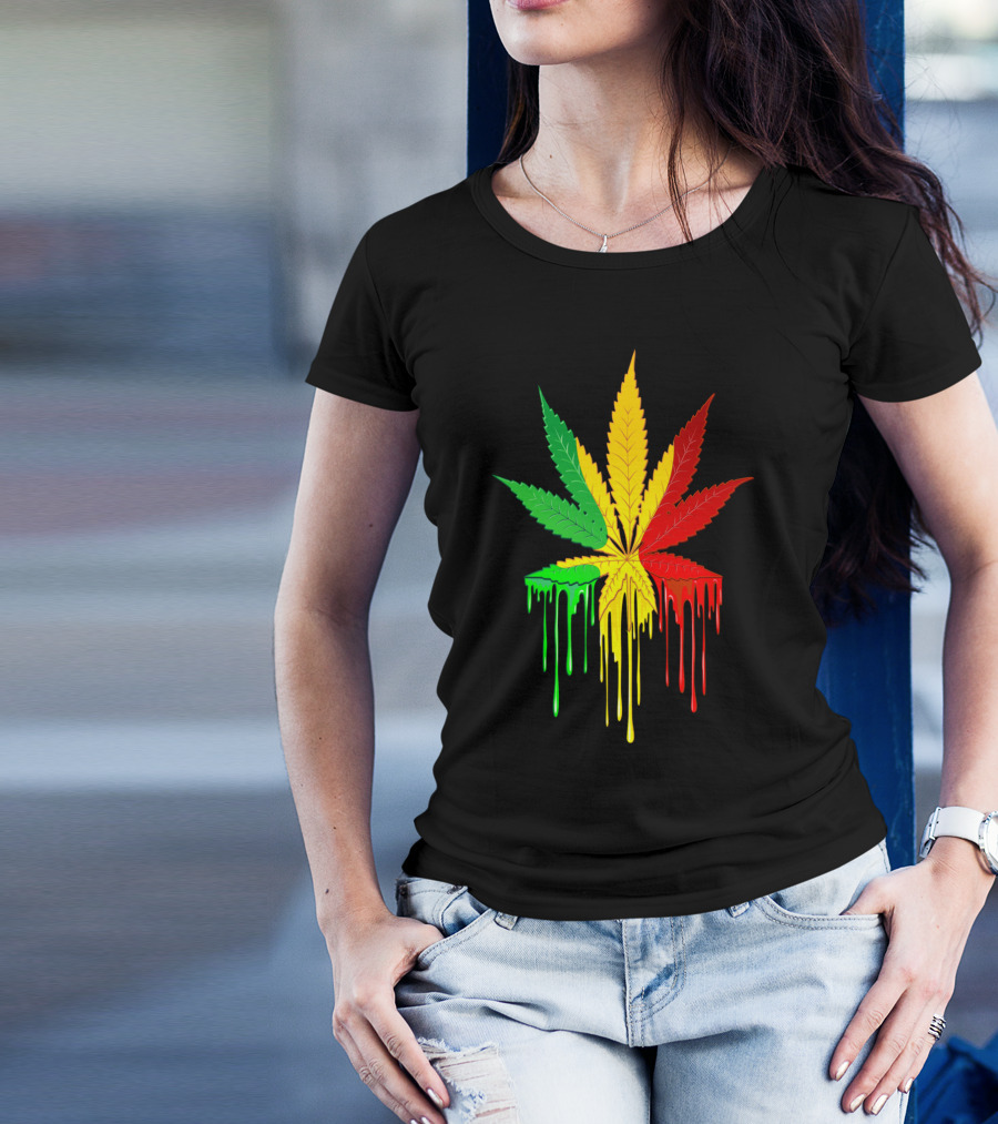 Marijuana Leaf Rasta Colors Dripping Green Yellow Red T-Shirt