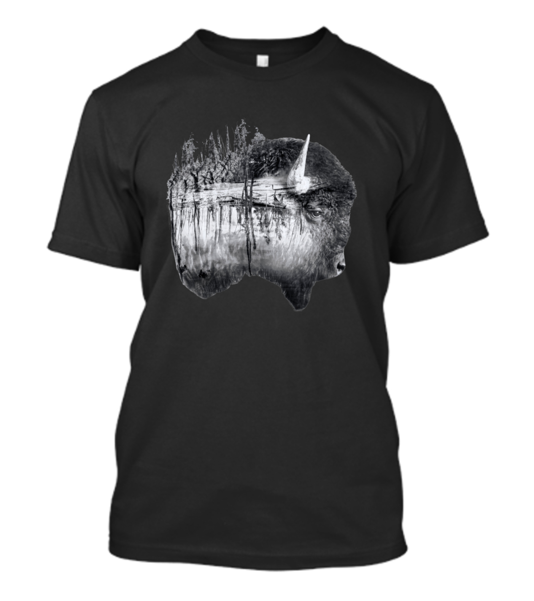 Double Exposed Bison Landscape Reflection T-Shirt