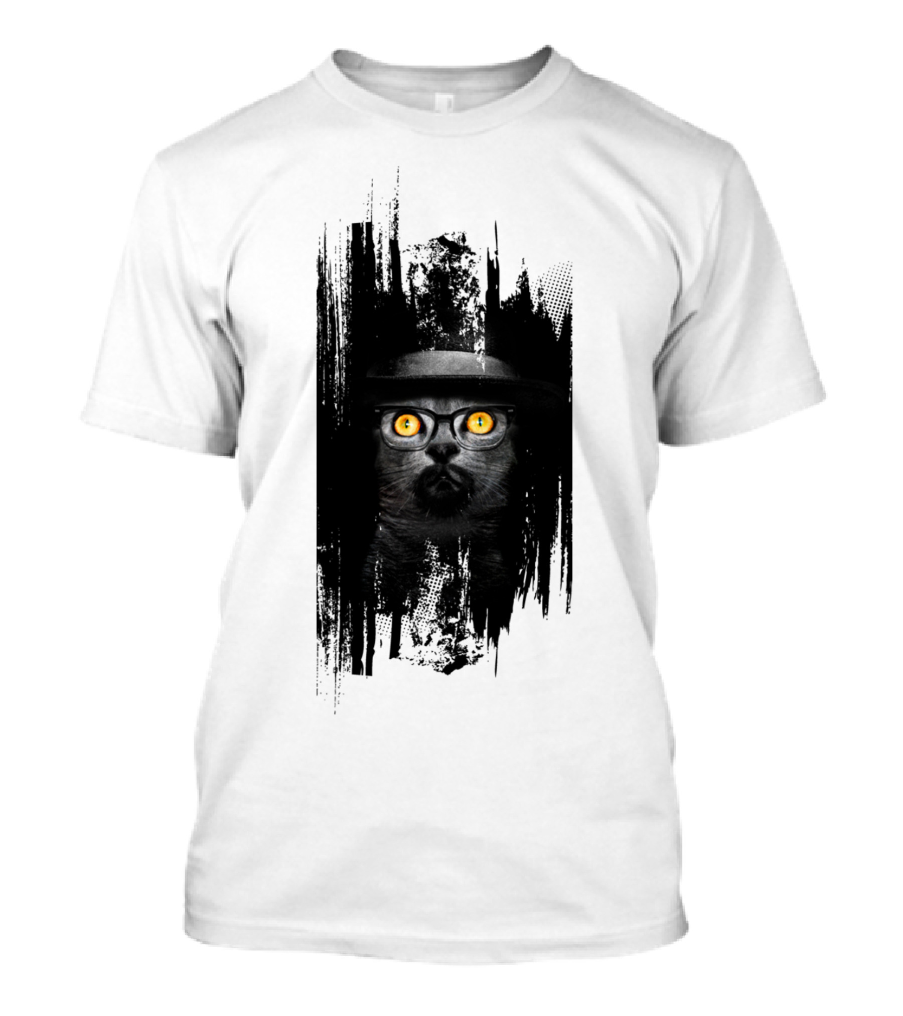 Braking Cat Sticker Hat Glasses Yellow Eyes T-Shirt