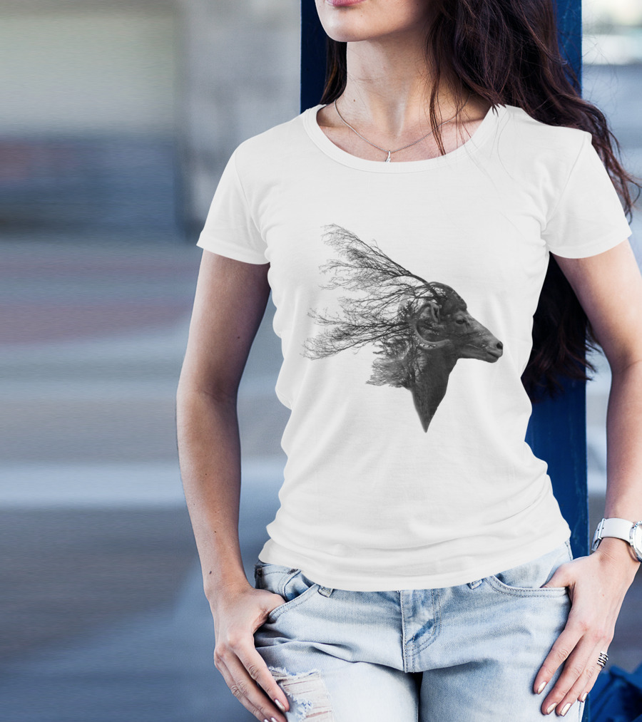 Double Exposed Mountain Goat Branches Fusion T-Shirt