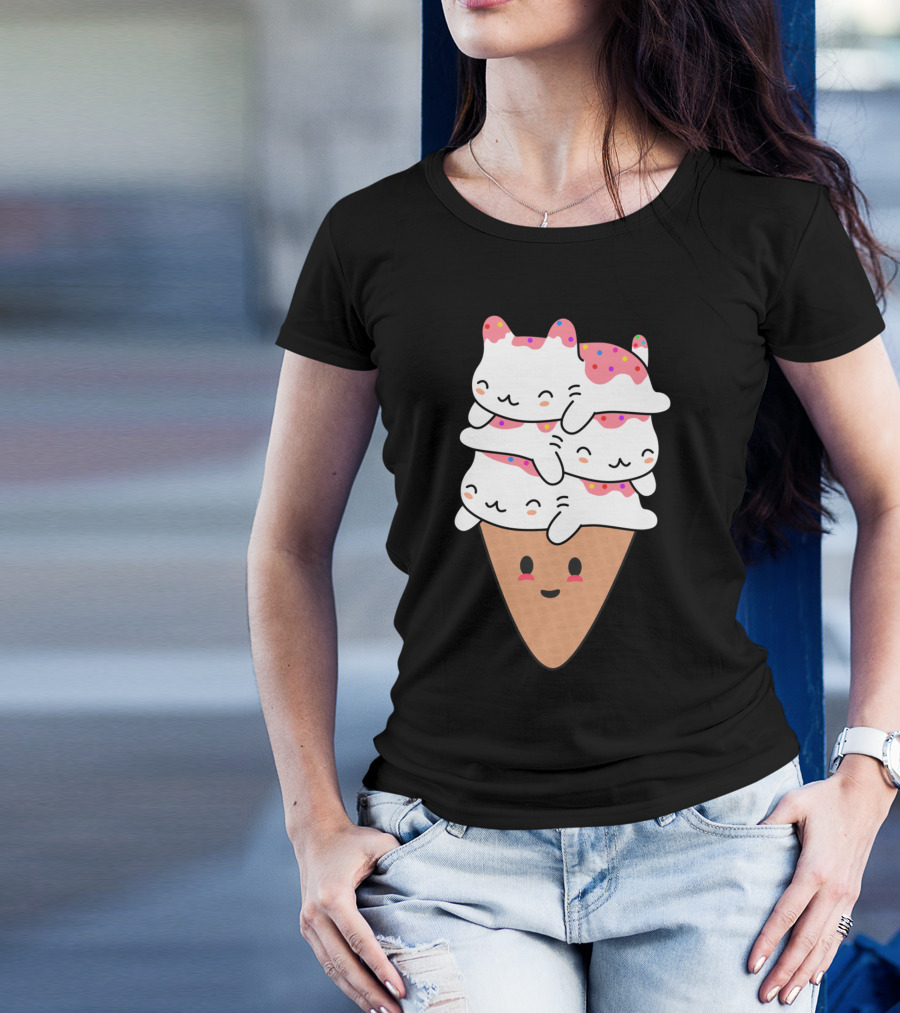 Cat Ice Cream Stacked Kawaii Cone With Sprinkles T-Shirt