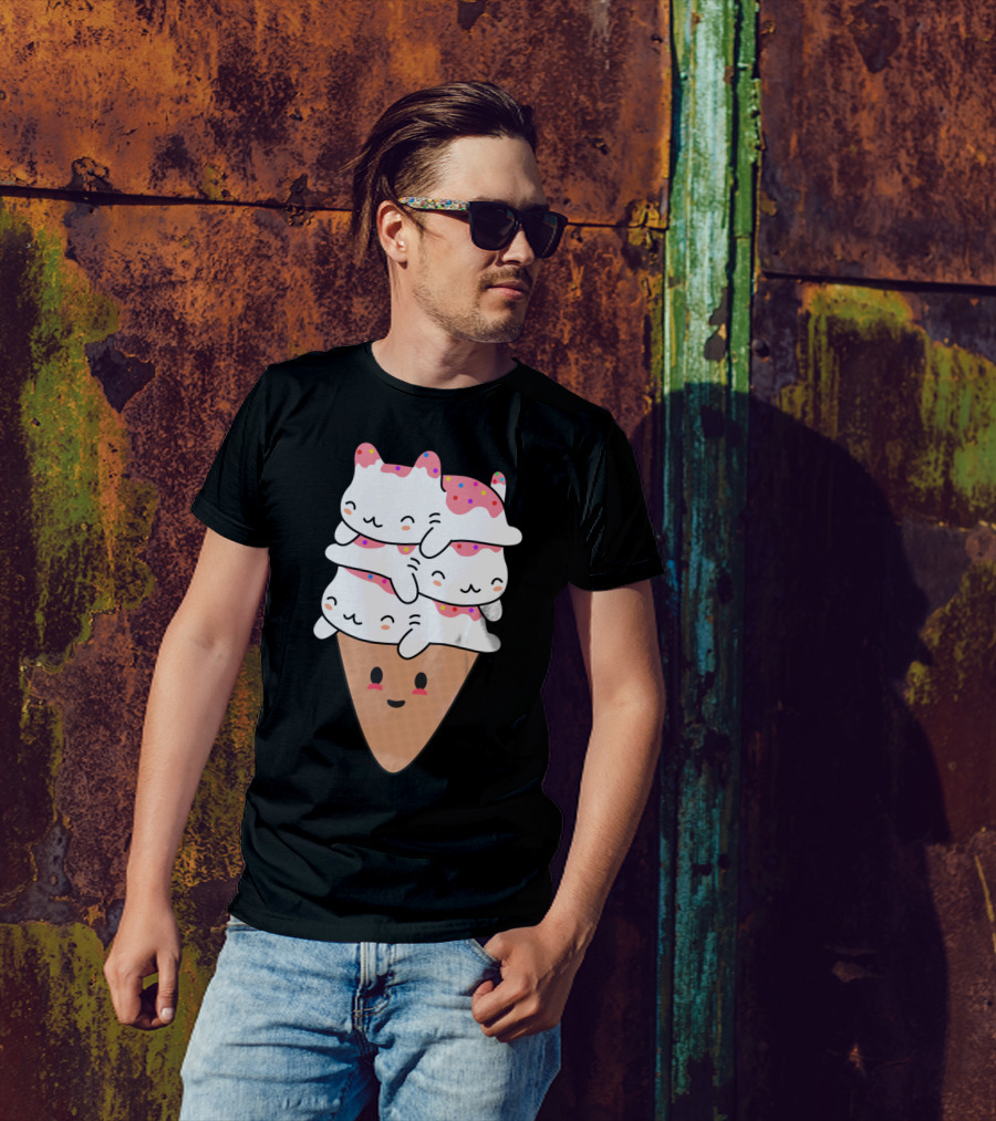 Cat Ice Cream Stacked Kawaii Cone With Sprinkles T-Shirt