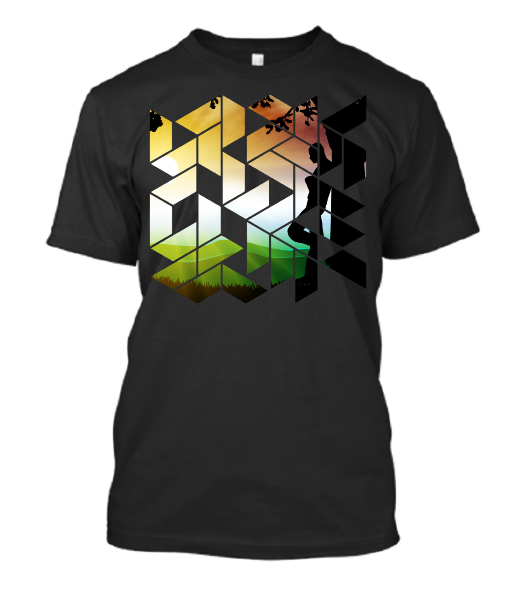Geometric Art Work Human And Nature Silhouette At Sunset T-Shirt