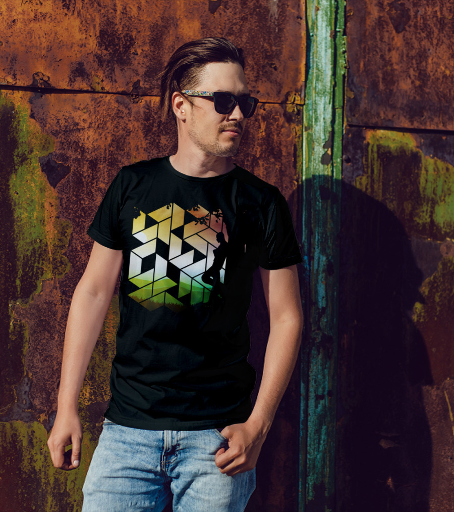 Geometric Art Work Human And Nature Silhouette At Sunset T-Shirt
