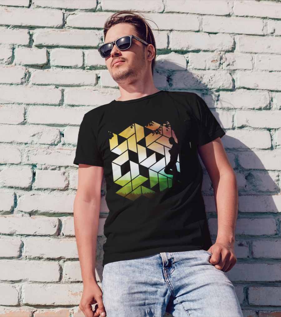 Geometric Art Work Human And Nature Silhouette At Sunset T-Shirt