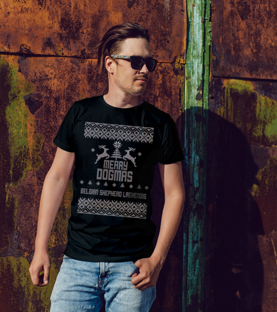 Merry Dogmas Belgian Shepherd Laekenois Reindeer Snowflakes Holiday T-Shirt