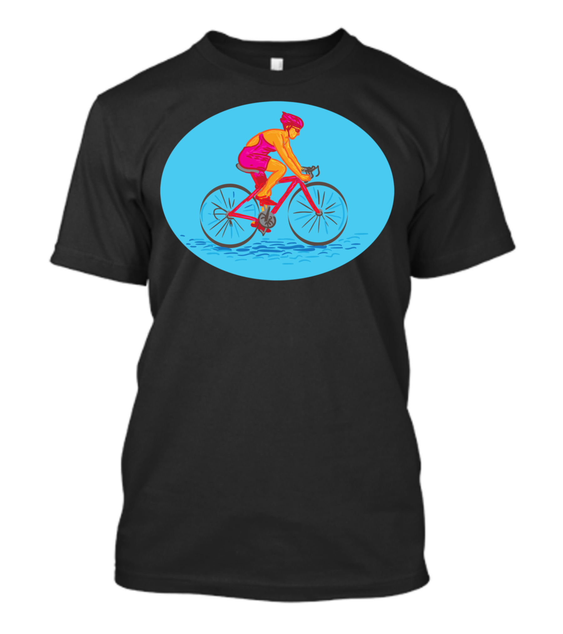 Female Cyclist Riding Bike Drawing Vibrant Pink And Orange Rider Oval Background T-Shirt