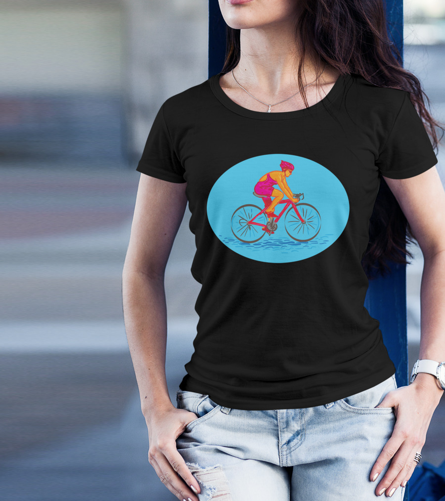 Female Cyclist Riding Bike Drawing Vibrant Pink And Orange Rider Oval Background T-Shirt