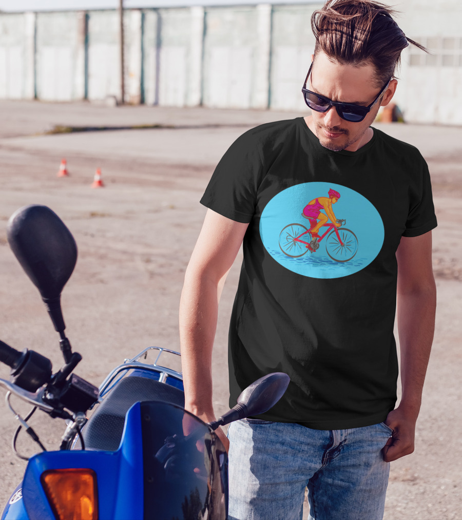 Female Cyclist Riding Bike Drawing Vibrant Pink And Orange Rider Oval Background T-Shirt