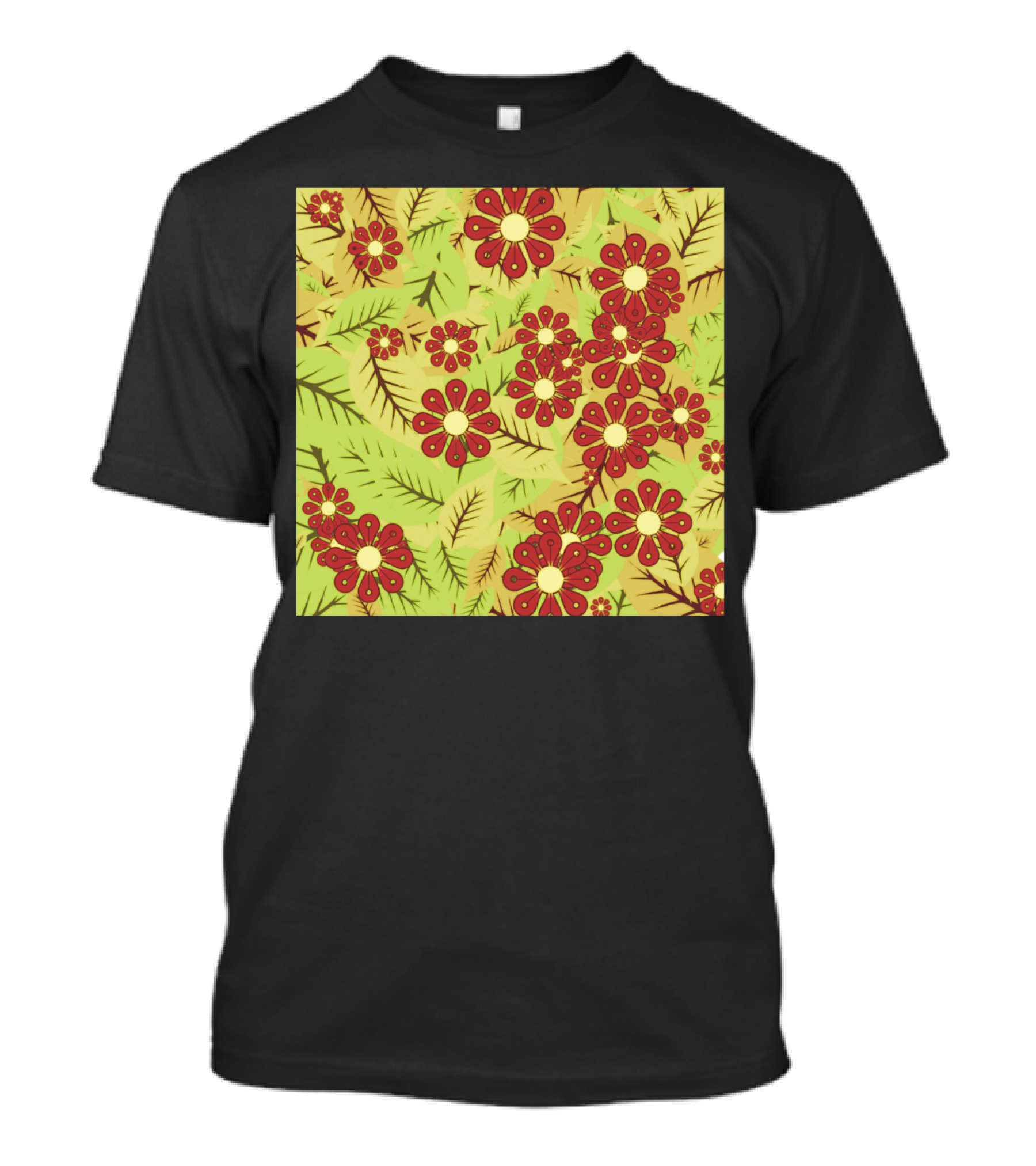 Foliage And Red Blossoms On Green Background T-Shirt