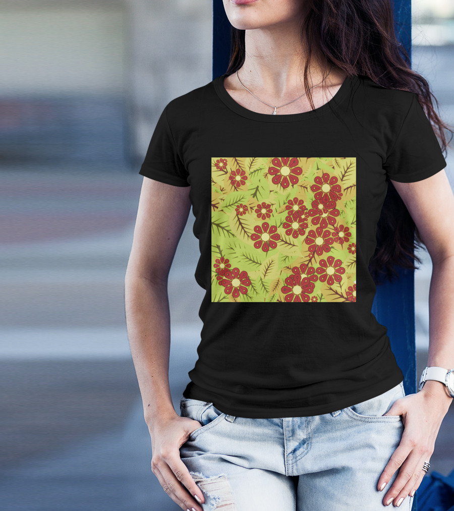 Foliage And Red Blossoms On Green Background T-Shirt