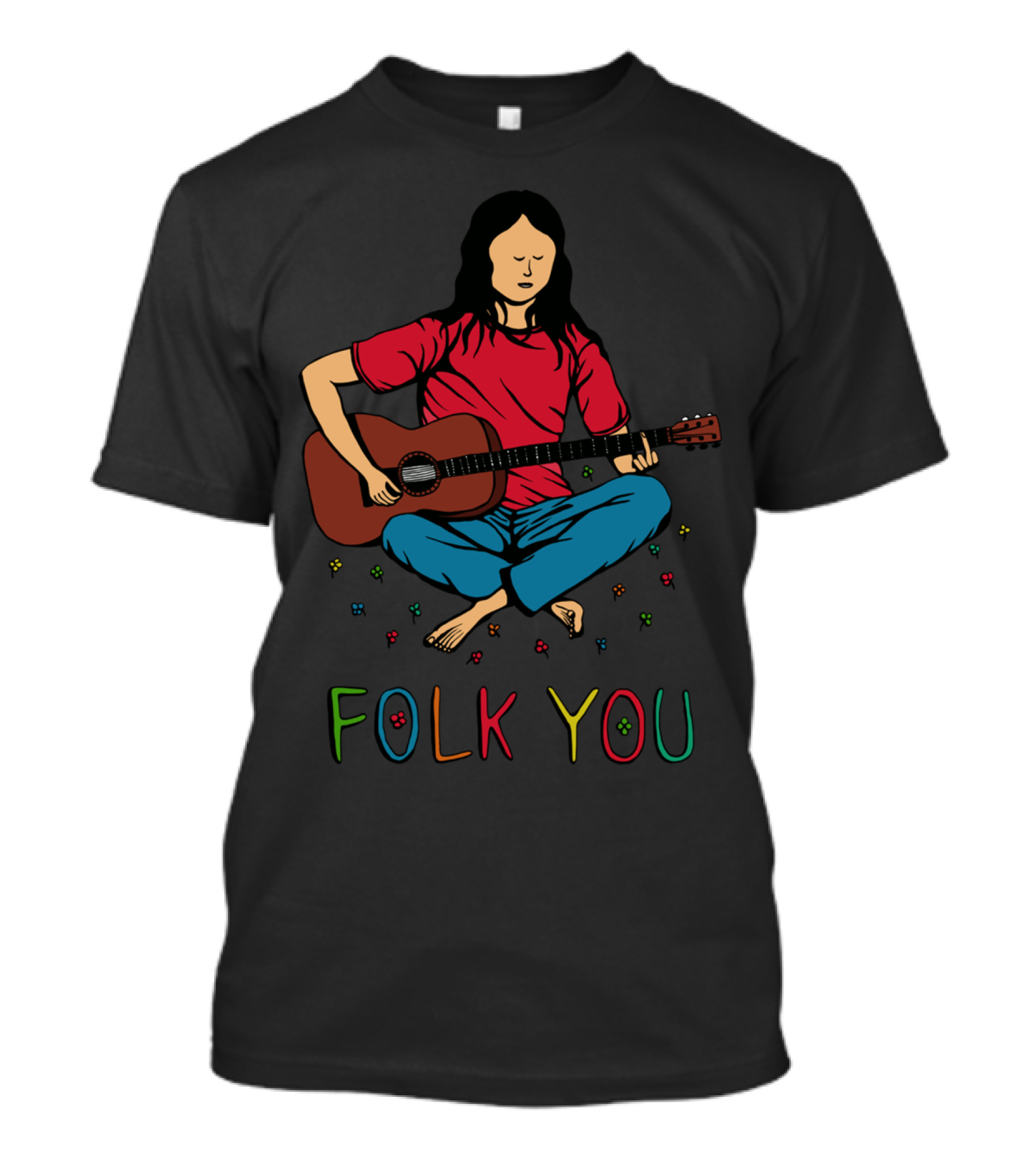 Folk You Guitar Meditation With Colorful Floral Elements T-Shirt