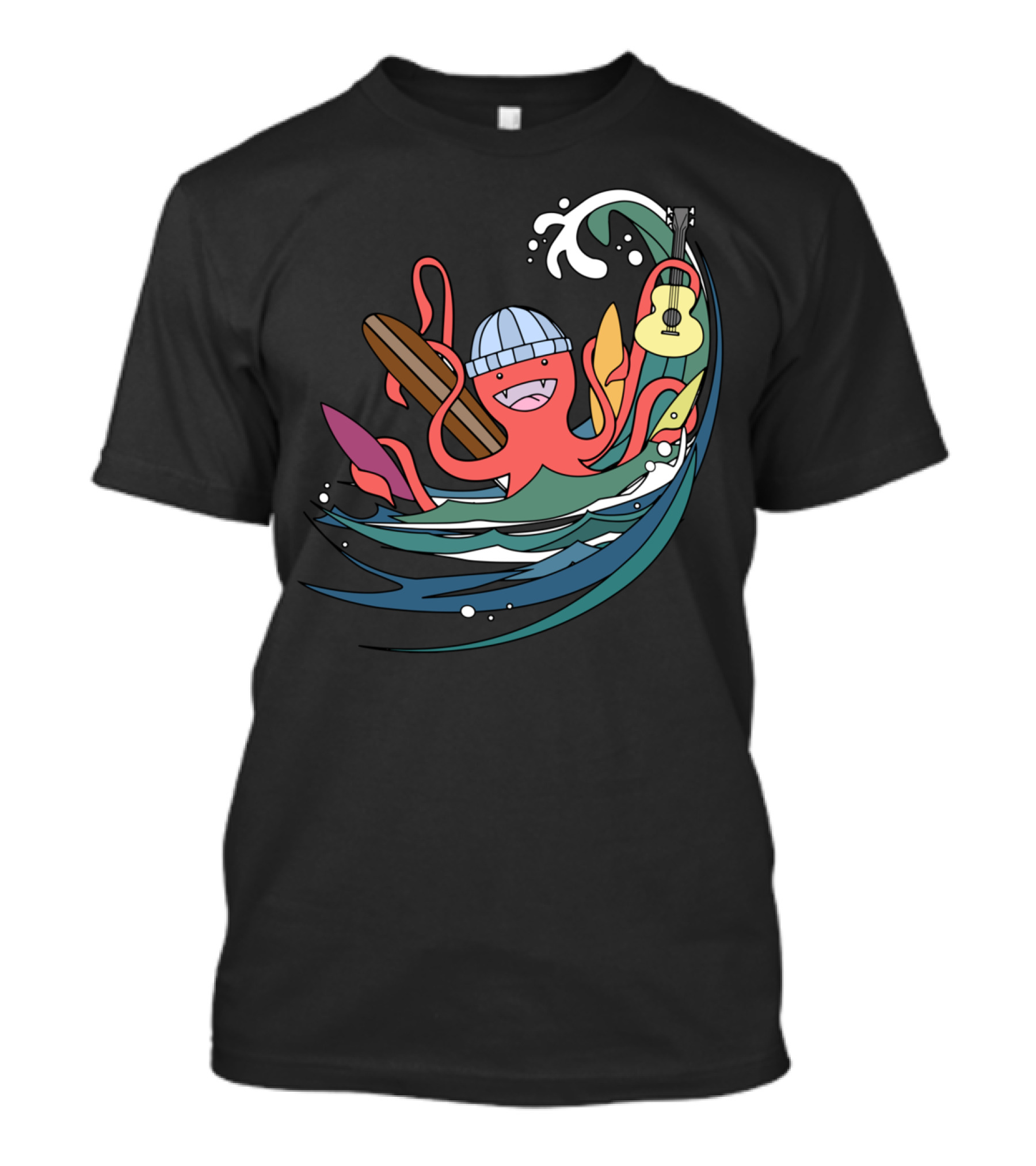 Lovely Lucky Octopus Surfer Guitar Waves Adventure T-Shirt