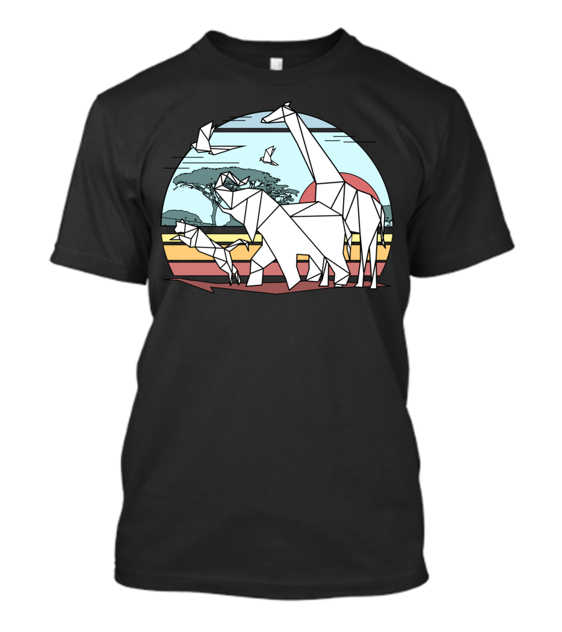 Scenic Colored Geometric African Animals Landscape With Origami Safari Wildlife And Trees T-Shirt