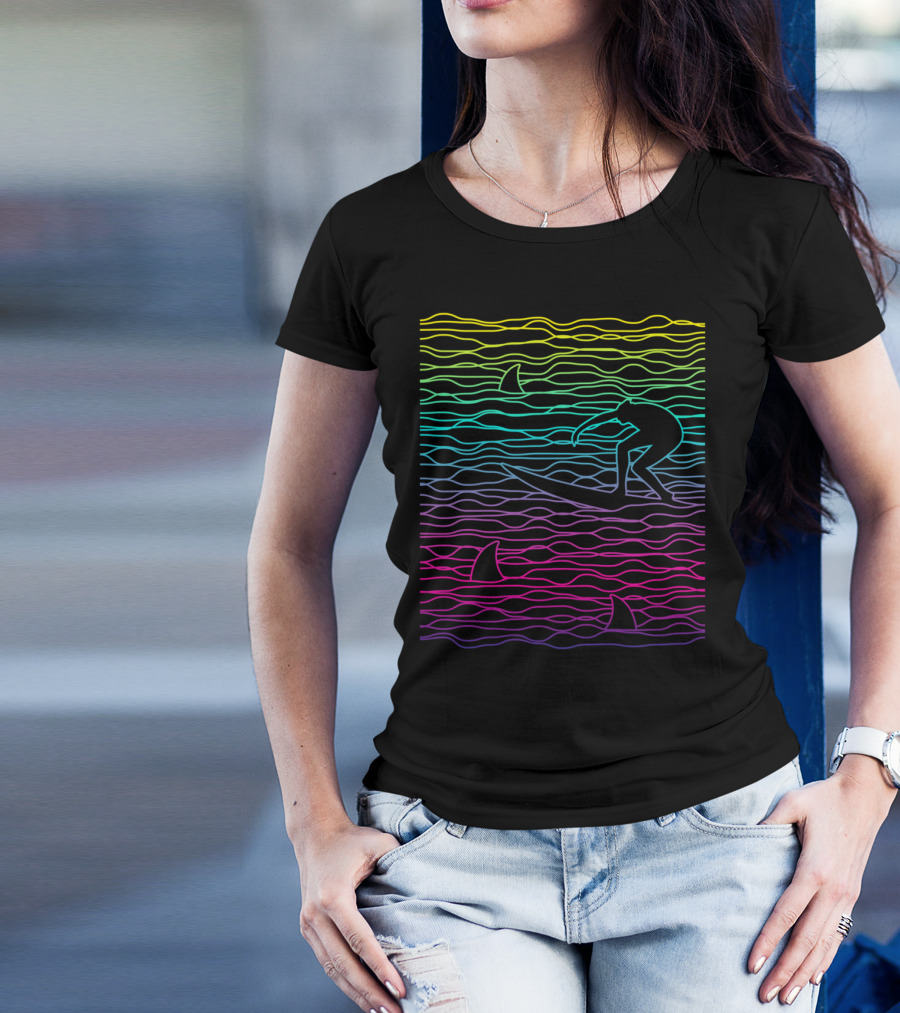 BRAVE SURFER SHARK WAVES SILHOUETTE VIBRANT LINES T-Shirt