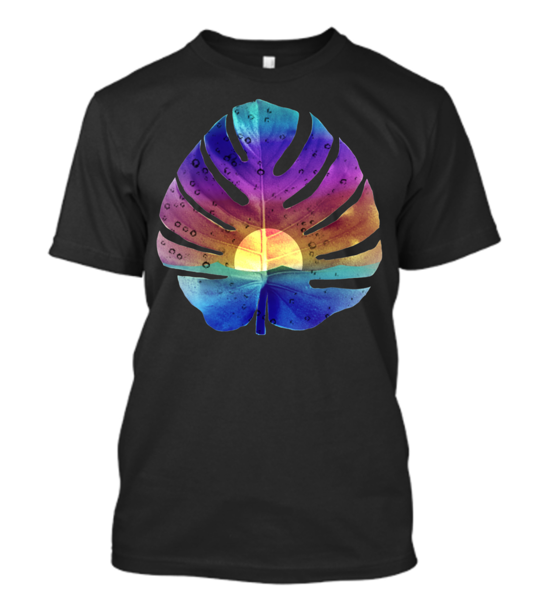 Scenic Colored Sunset Ocean Palm Leaf With Sunburst On Multicolor Background T-Shirt