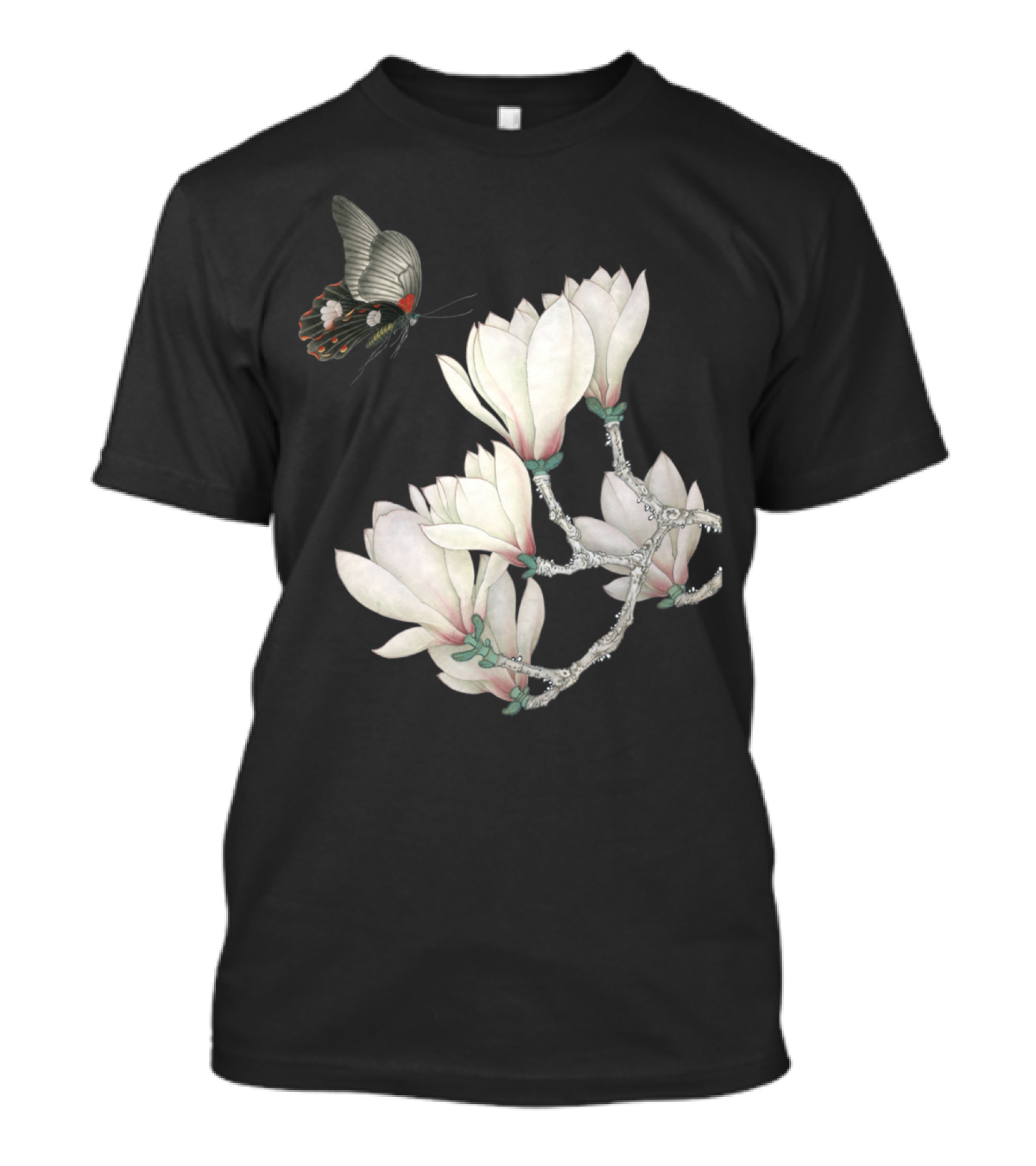 Butterfly Admiring White Magnolia Blossoms T-Shirt