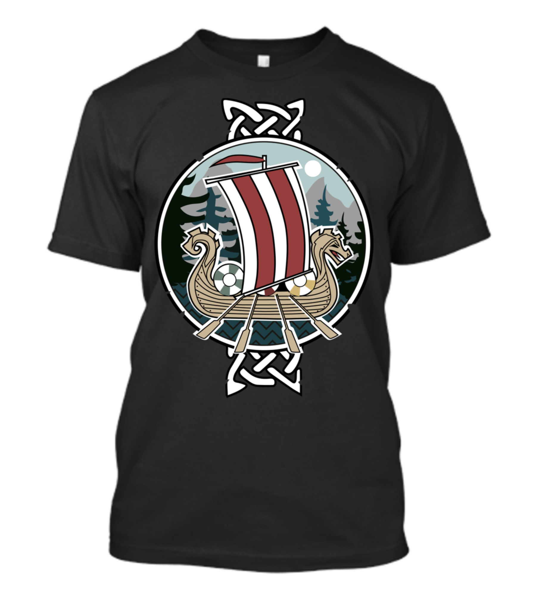 Nordic Viking Dragon Boat With Celtic Knotwork And Scenic Mountain Background T-Shirt