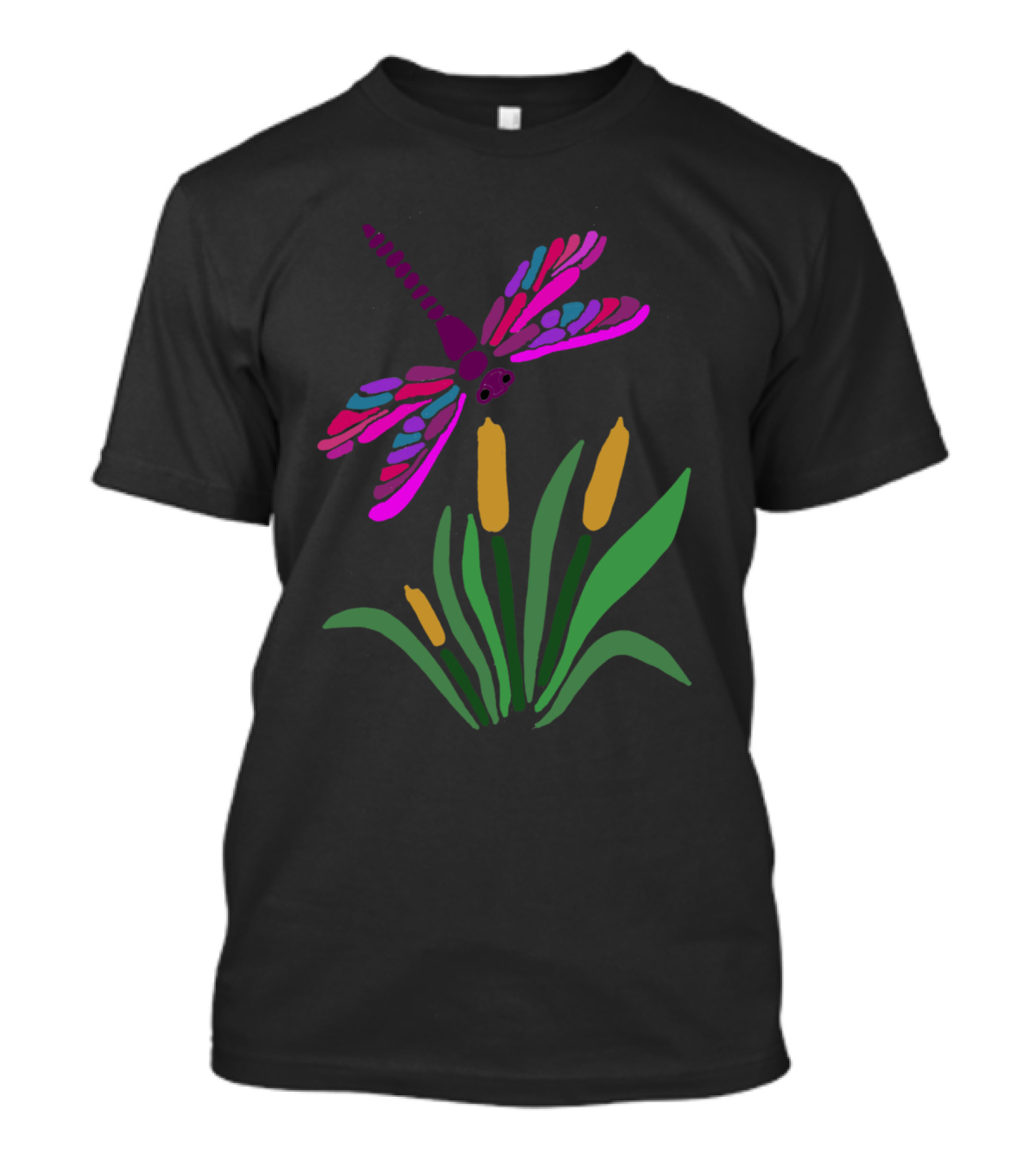 Artistic Cool Purple Dragonfly On Green And Yellow Cattails T-Shirt