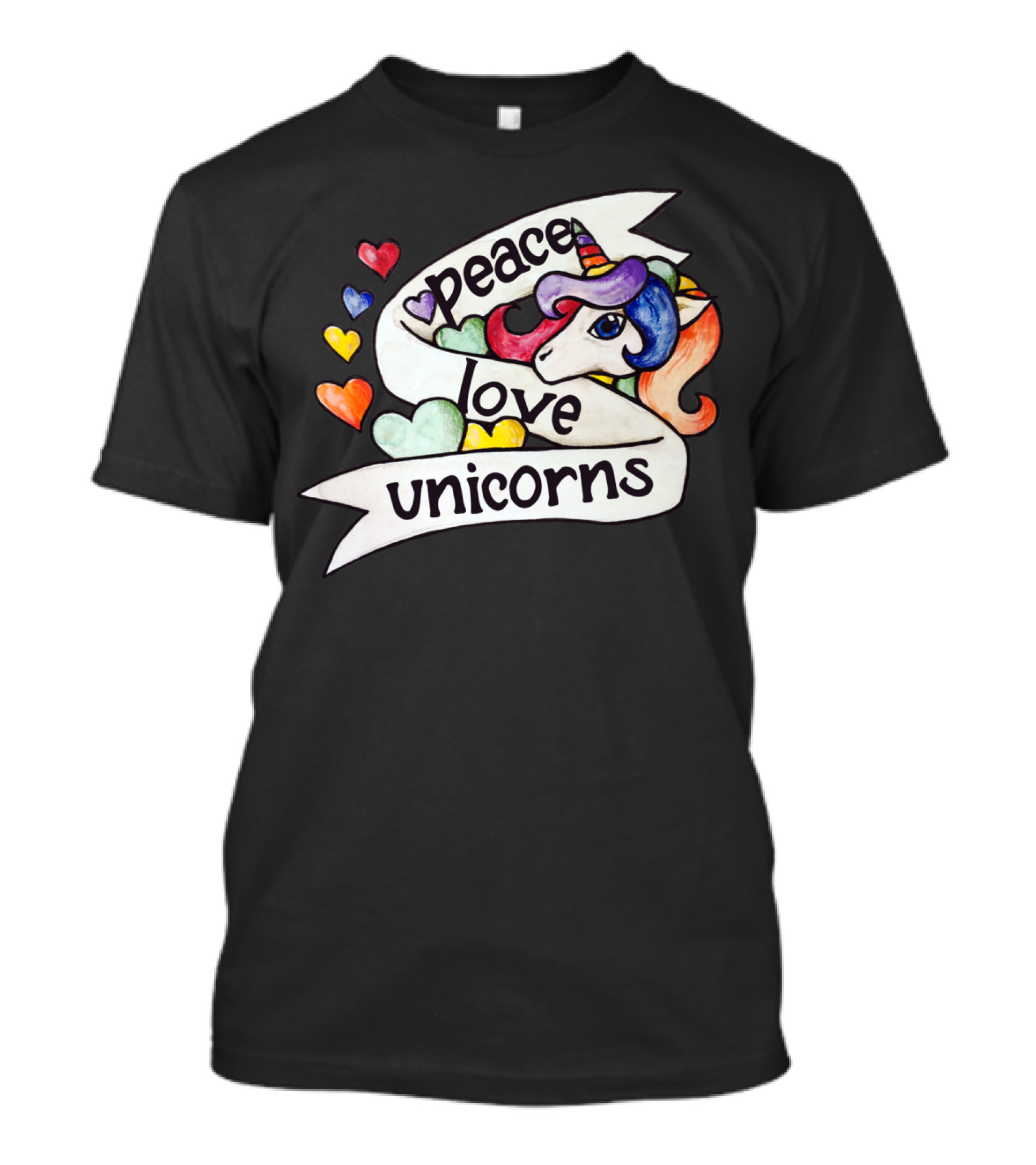 Peace Love Unicorns Colorful Hearts Banner Magical T-Shirt
