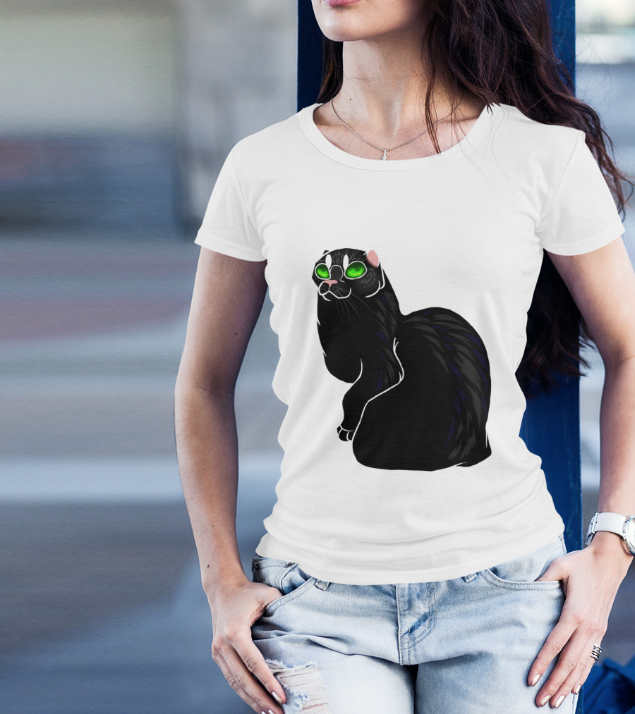 Cat No Ears Green Eyes Black Outline T-Shirt