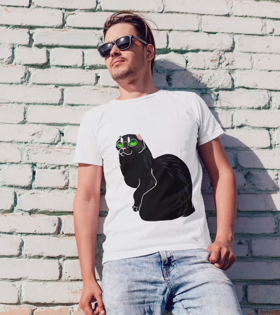 Cat No Ears Green Eyes Black Outline T-Shirt