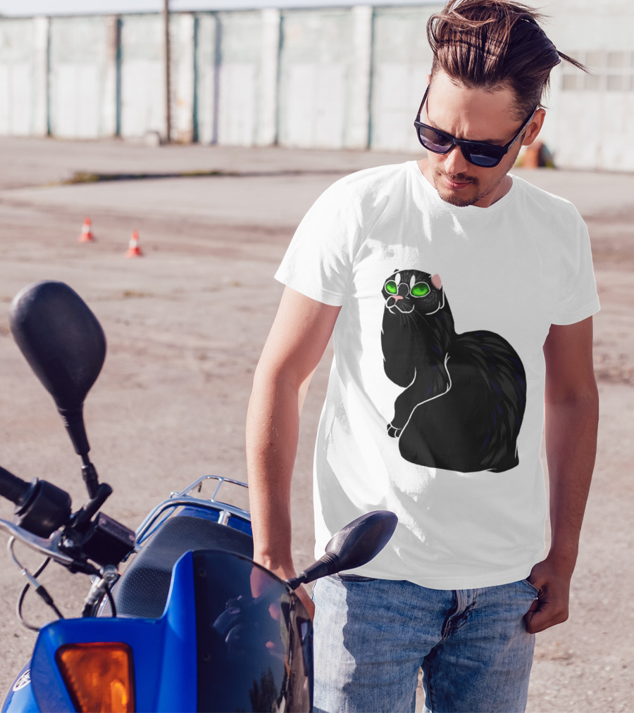 Cat No Ears Green Eyes Black Outline T-Shirt