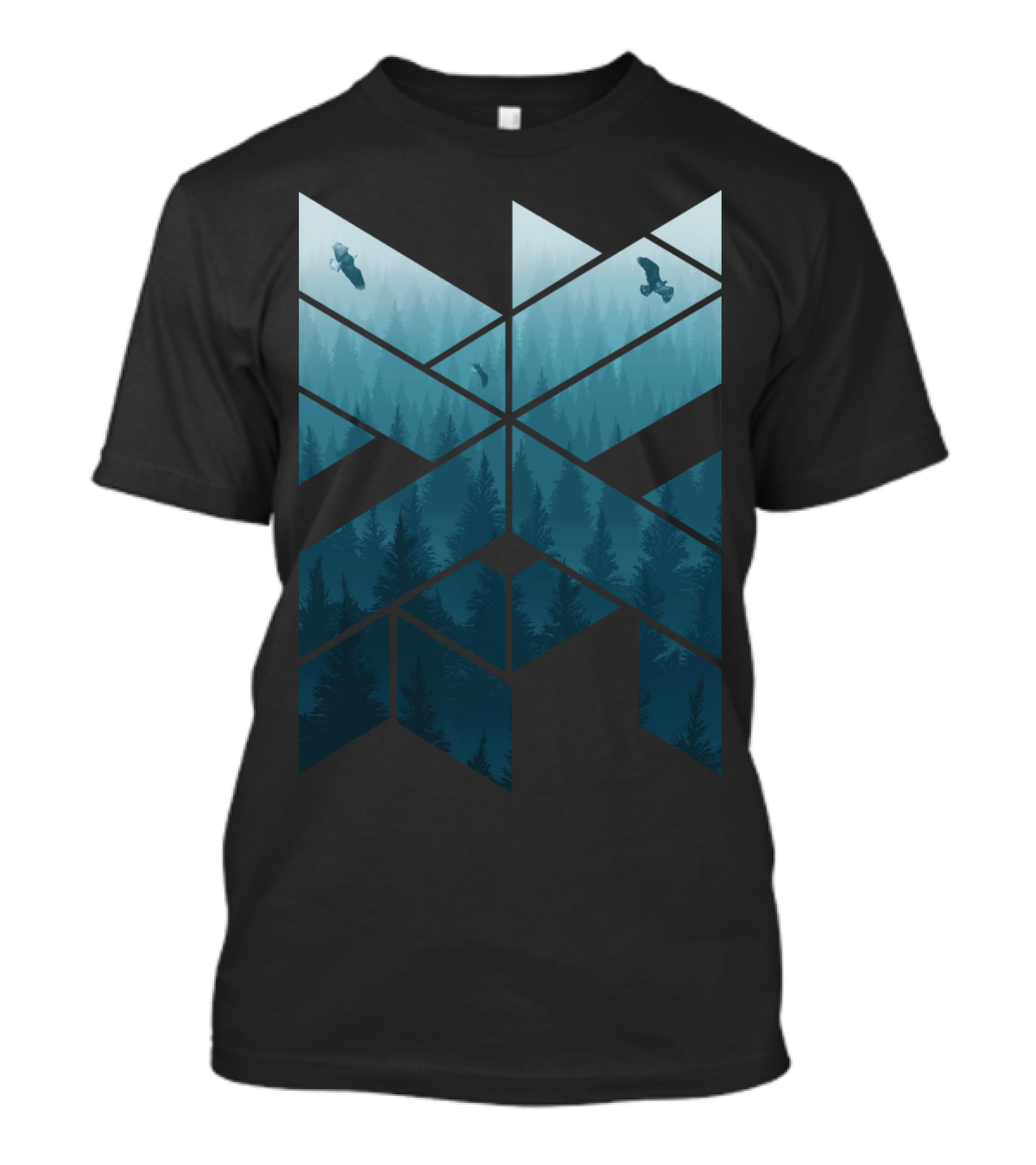 Geometric Misty Pine Forest Eagles Triangular Landscape T-Shirt