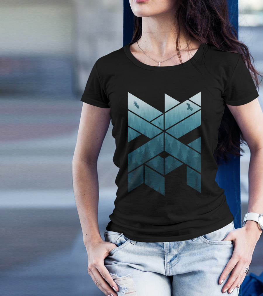Geometric Misty Pine Forest Eagles Triangular Landscape T-Shirt