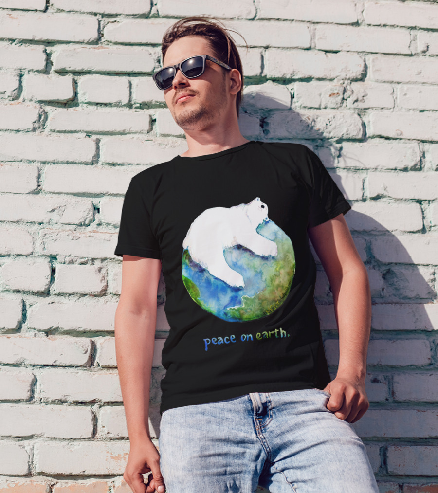 Peace On Earth Polar Bear Embrace Earth Watercolor T-Shirt