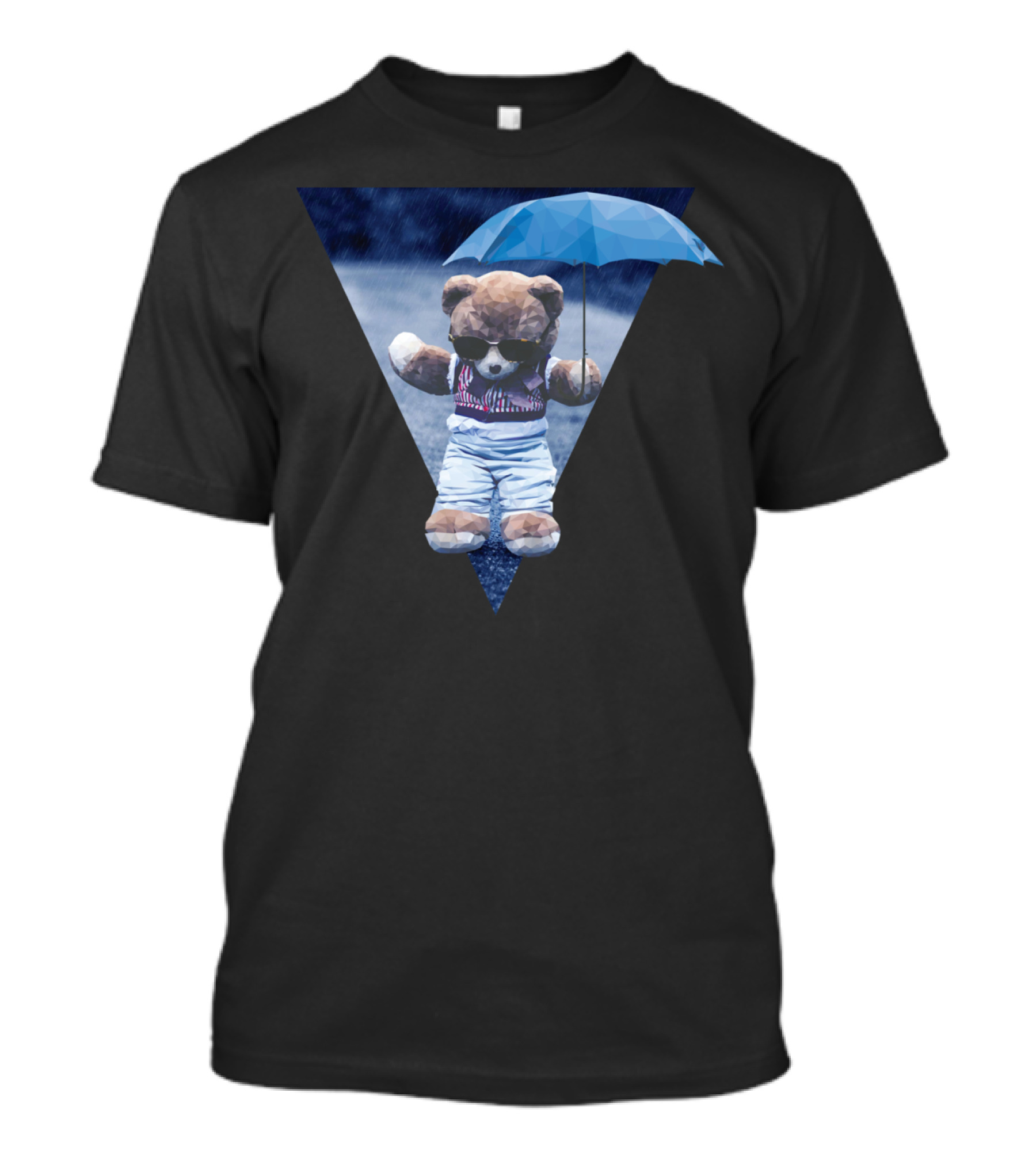 Low Poly Bear With Blue Umbrella And Sunglasses Rainy Triangle Scene T-Shirt