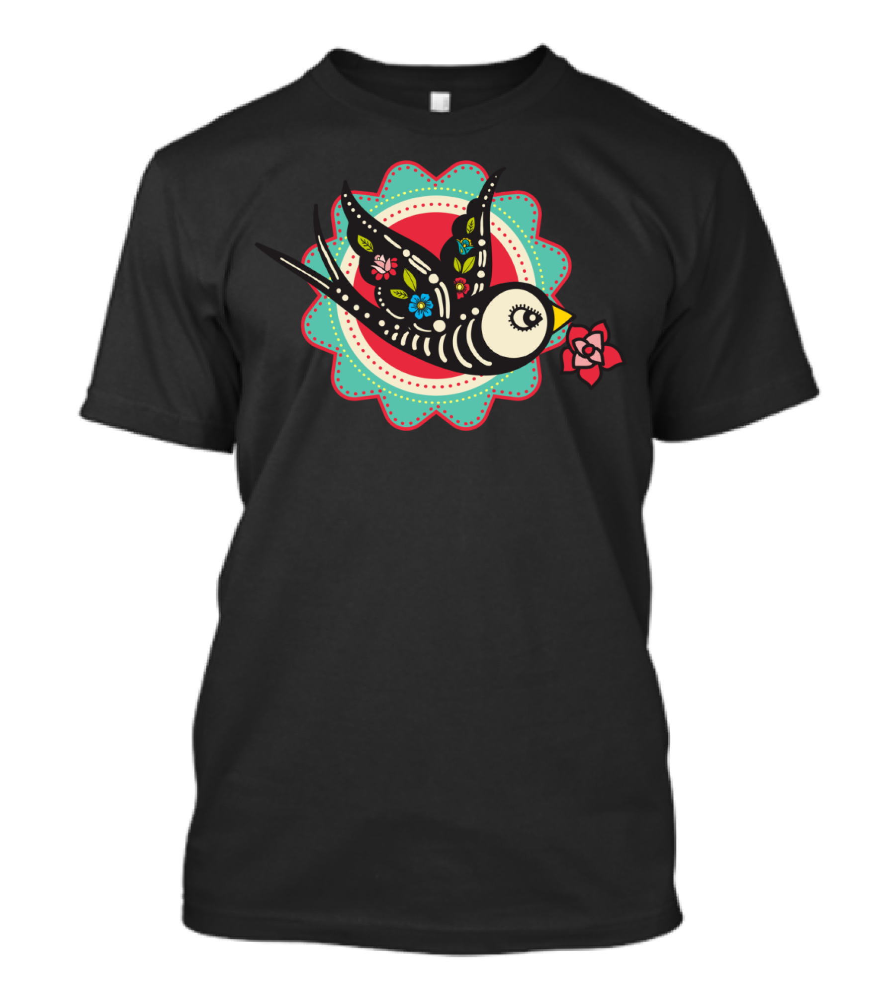 The Bird Of Day Of The Dead Floral Skeleton Motif T-Shirt