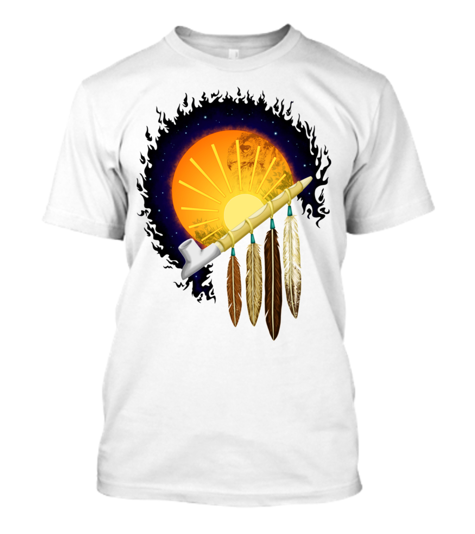 Sunset Pipe With Feathers And Cosmic Backdrop T-Shirt
