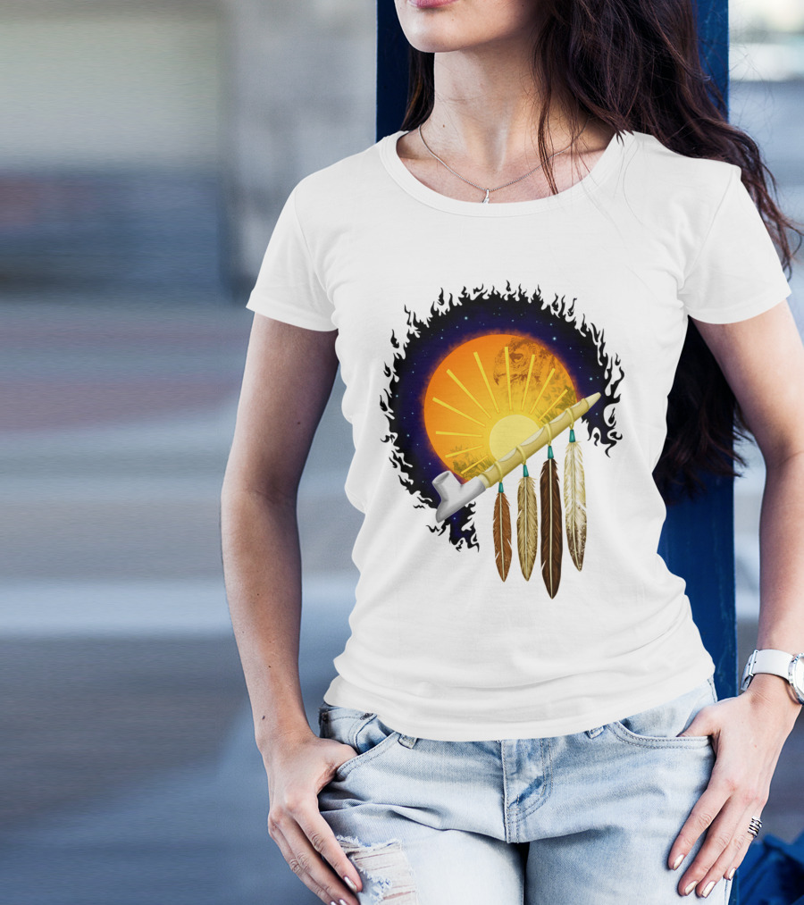 Sunset Pipe With Feathers And Cosmic Backdrop T-Shirt