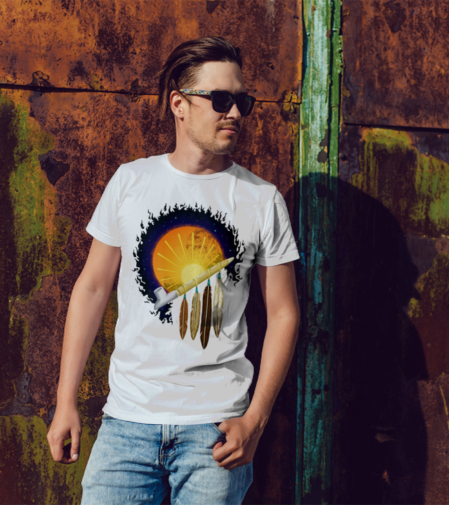 Sunset Pipe With Feathers And Cosmic Backdrop T-Shirt