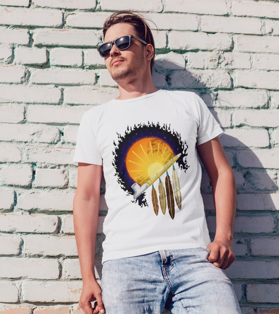 Sunset Pipe With Feathers And Cosmic Backdrop T-Shirt
