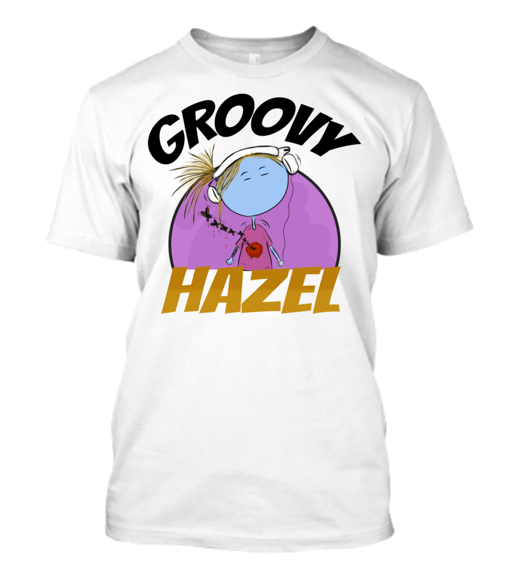 GROOVY HAZEL Headphones Purple Background Butterflies Red Flower T-Shirt