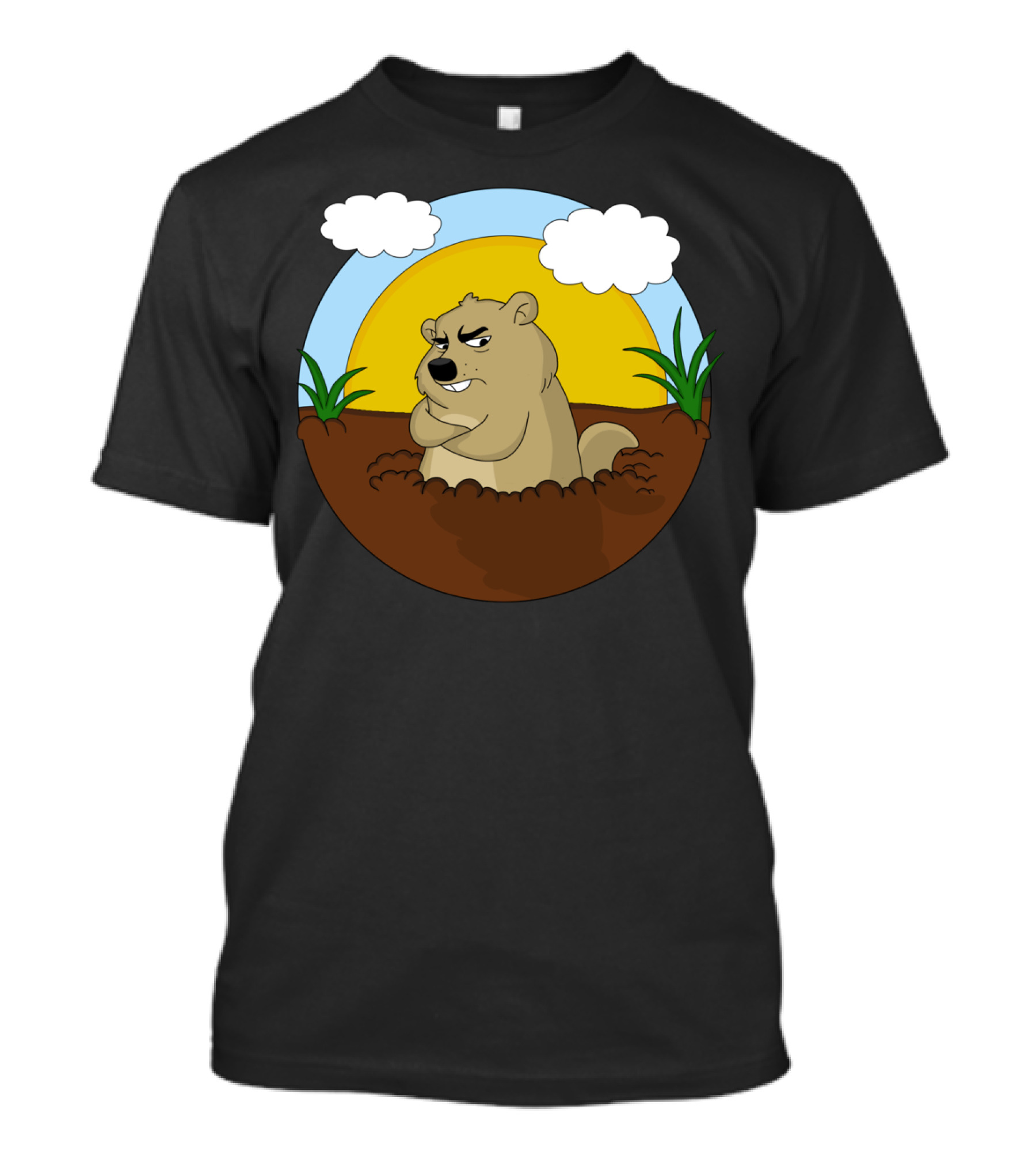 Groundhog Day Grumpy Cartoon Groundhog Emerging From Burrow With Sun And Clouds T-Shirt