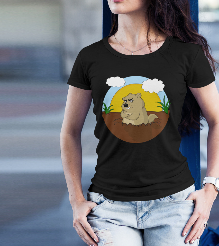 Groundhog Day Grumpy Cartoon Groundhog Emerging From Burrow With Sun And Clouds T-Shirt
