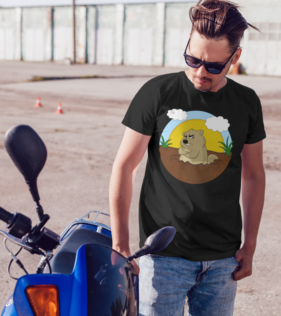 Groundhog Day Grumpy Cartoon Groundhog Emerging From Burrow With Sun And Clouds T-Shirt