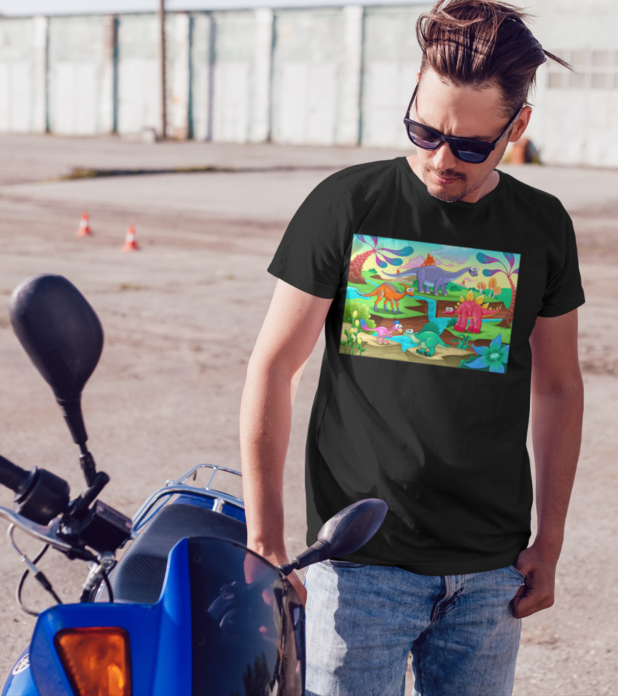 Group Of Funny Dinosaurs In A Prehistoric Cartoon Landscape T-Shirt