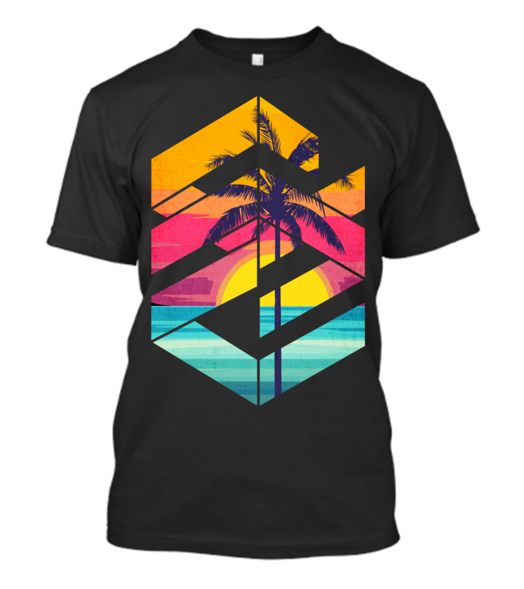 Geometric Palm Sunset Through Stripes T-Shirt