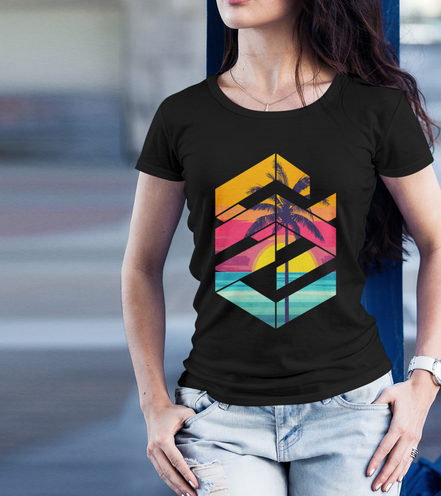 Geometric Palm Sunset Through Stripes T-Shirt