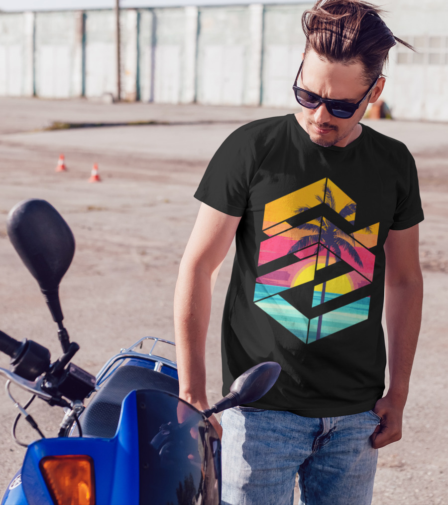 Geometric Palm Sunset Through Stripes T-Shirt