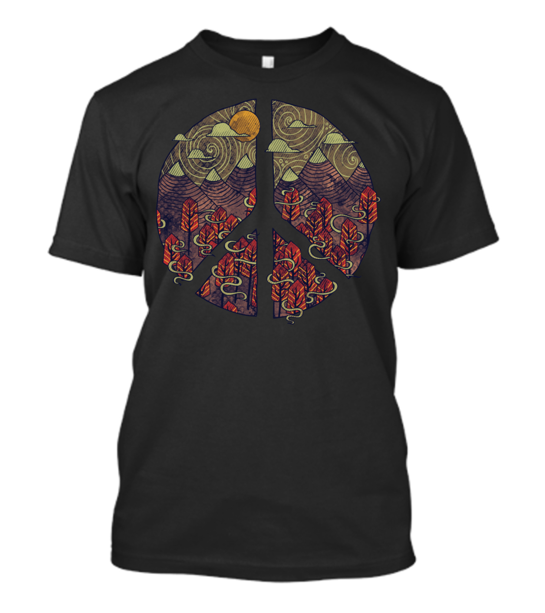 Peaceful Landscape Mountains And Red Forest With Swirling Clouds T-Shirt