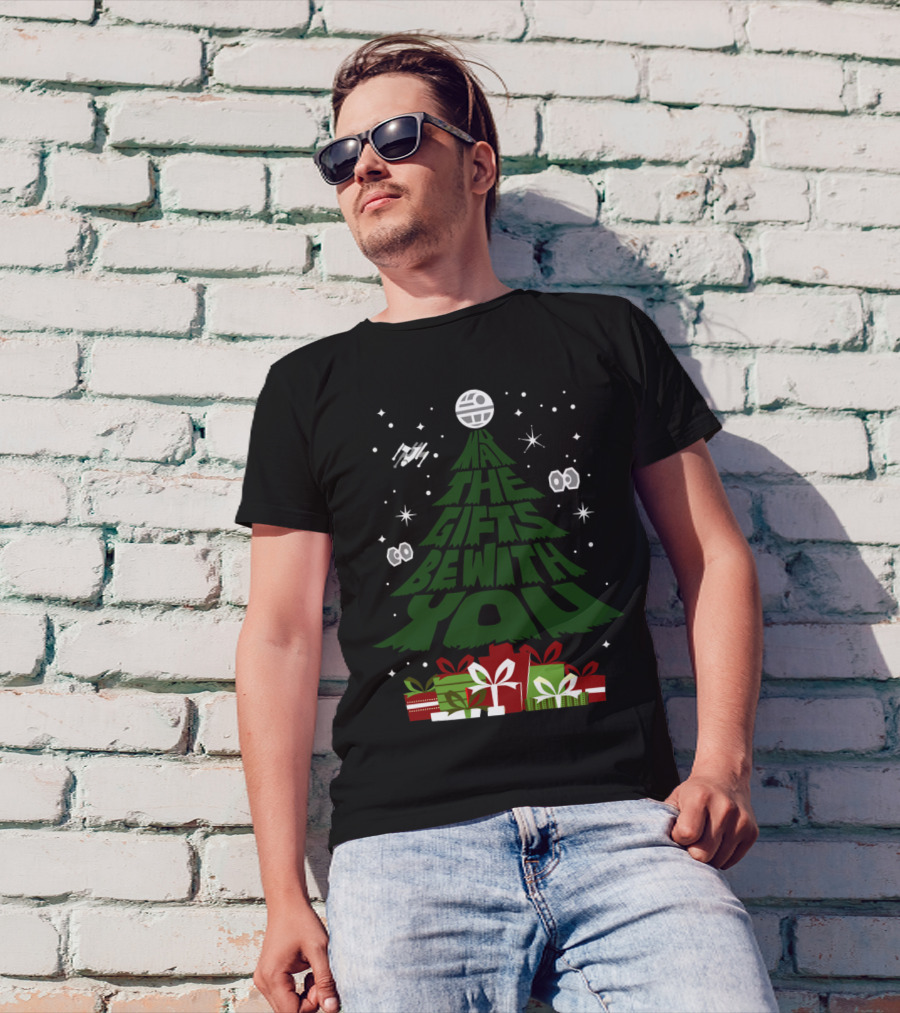 May The Gifts Be With You Christmas Tree Spaceship Stars Presents T-Shirt