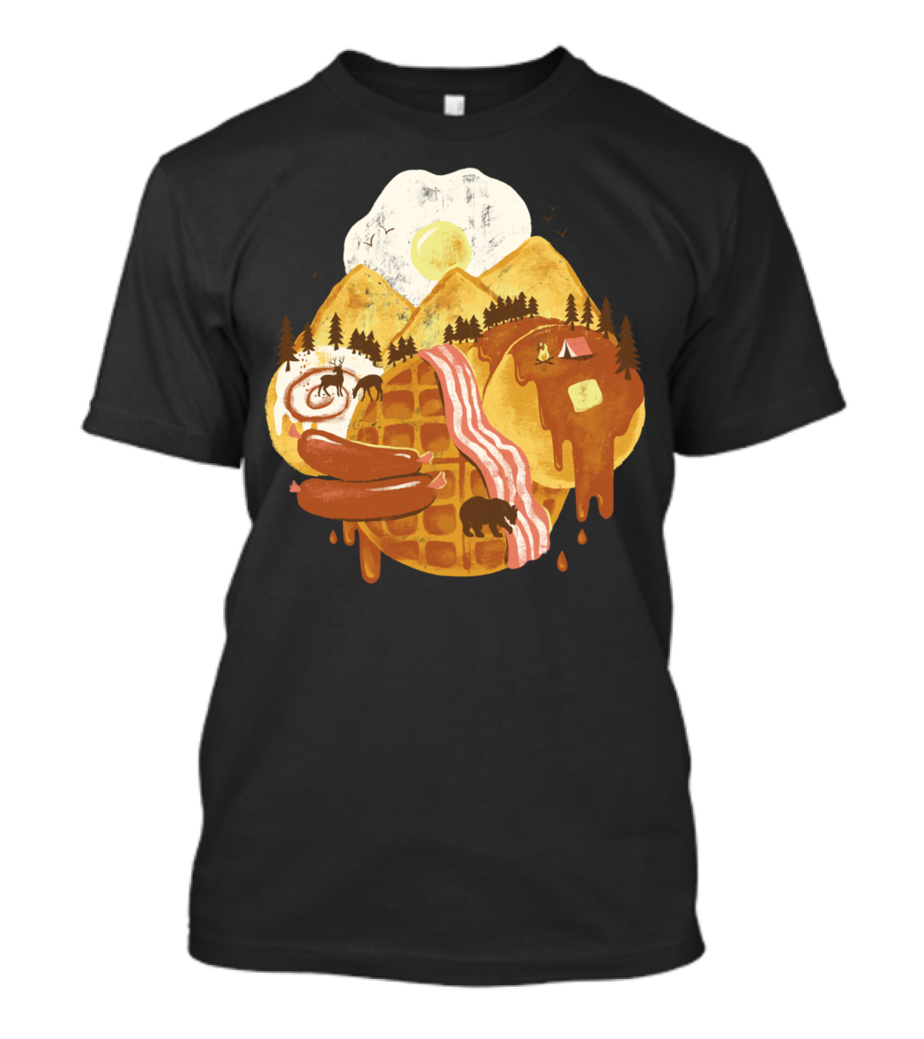 Waffle Pancake Mountains With Bacon Sunrise And Forest Scene T-Shirt