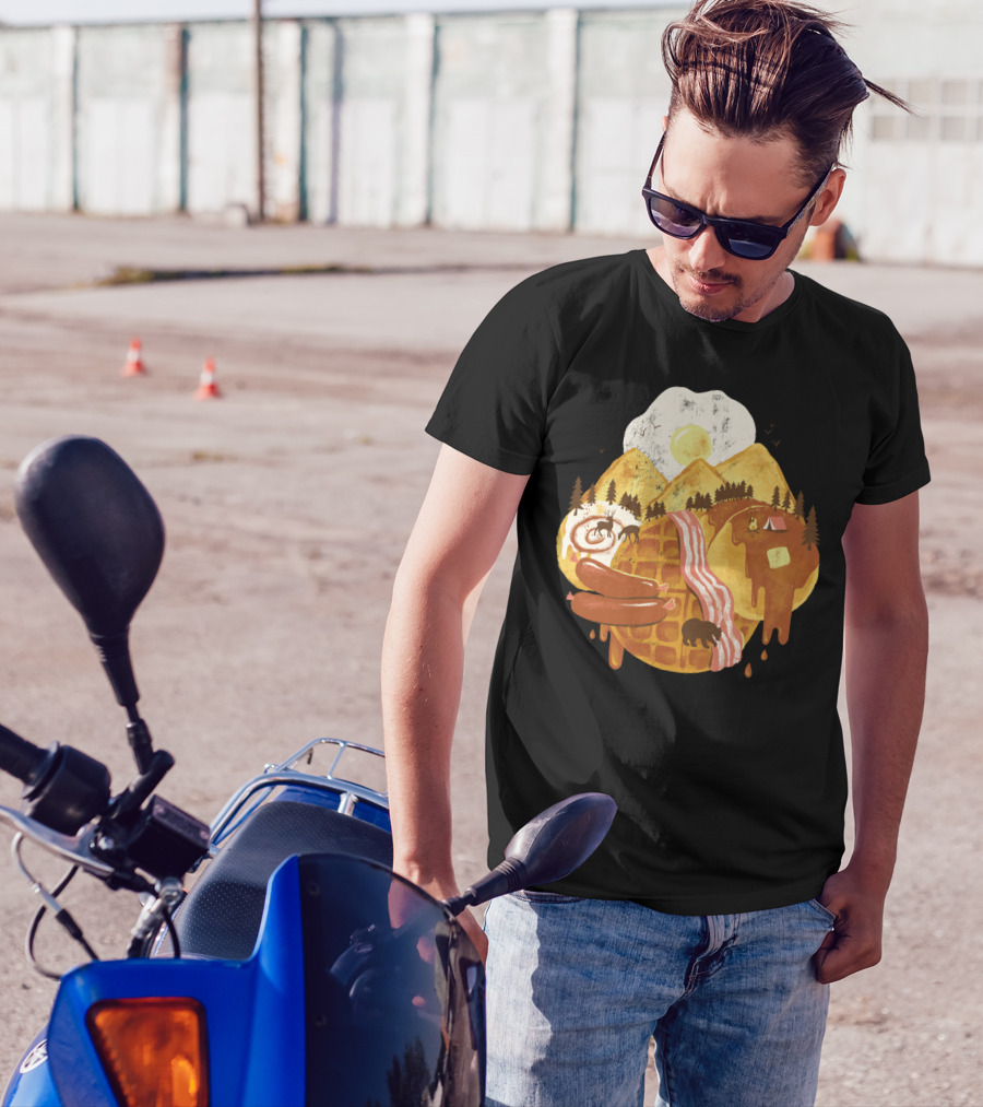 Waffle Pancake Mountains With Bacon Sunrise And Forest Scene T-Shirt